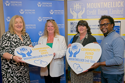 Pictured - Left to Right— Sheila Mahon of Mountmellick CU, Catherine Newman-McDonnell & Bernie Sexton of Rathangan Women’s Shed, Carlos Souza Dempsey of Mountmellick CU at the Mountmellick Community Fund Awards Evening, April 2025.